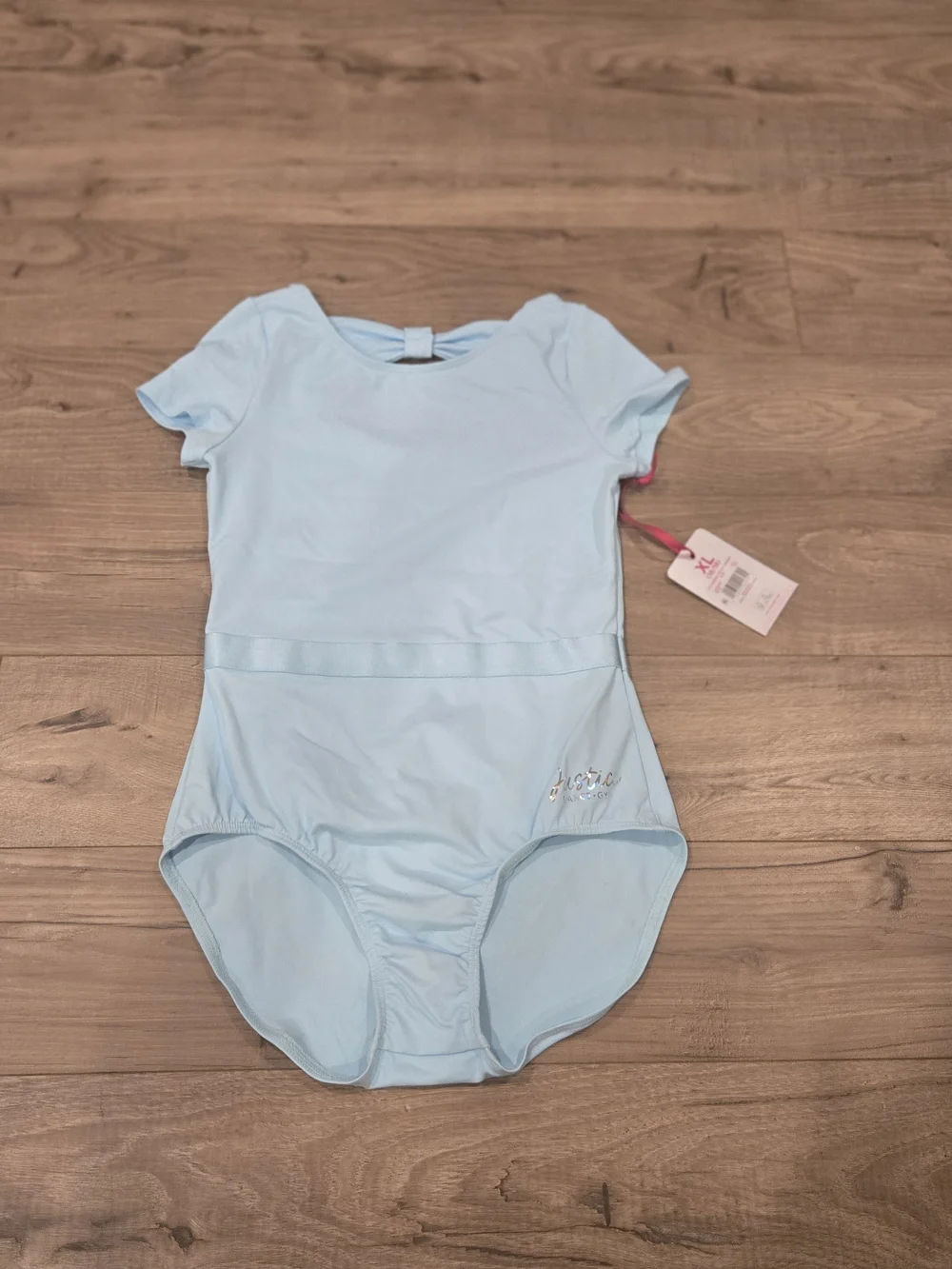 NWT Justice Girls Cap Sleeve Ballet Leotard Ribbon Waistband Light Blue XL 16-18